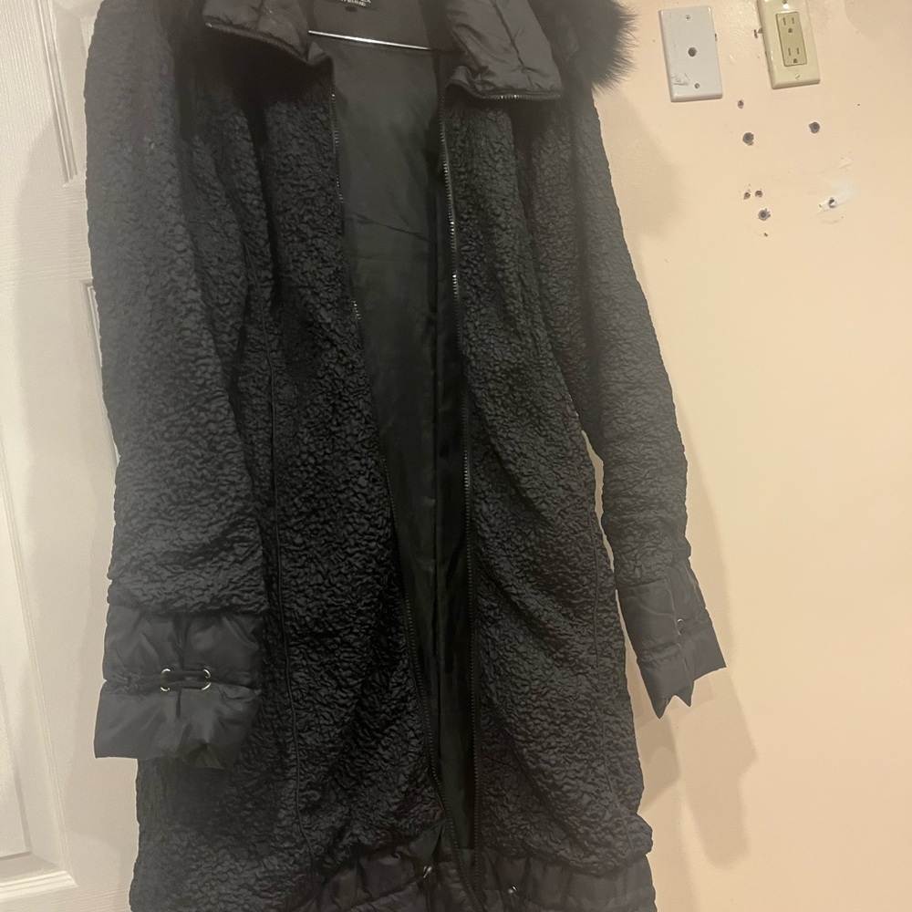 Et Dieu Crea La Femme Black Faux Fur Trimmed Ladies Coat made in France